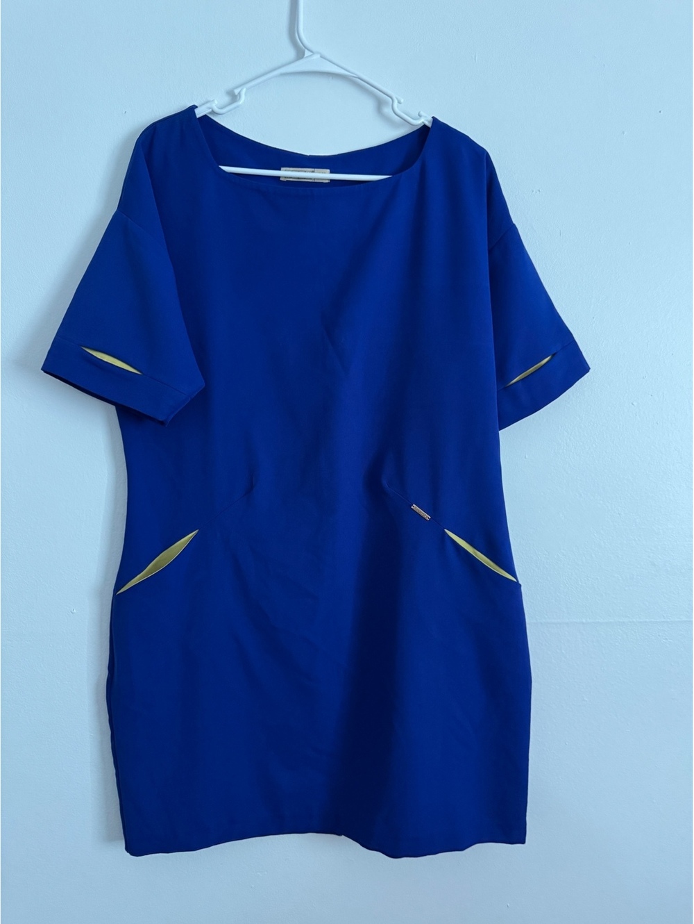 DIZYN Blue Dress‎ with Yellow Accent Cutouts and Button Back